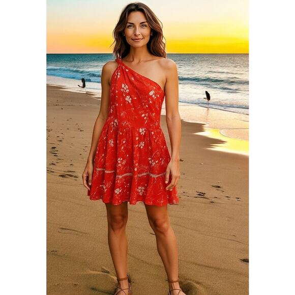 Free people All Mine Linen Mini Dress Red Floral One Shoulder Boho womens Small - Picture 1 of 9